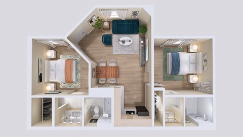 Floor plan for 2 beds, 2 baths, 733 sqft